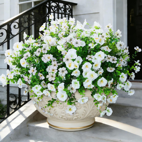 Hrobek Artificial Flowers for Outdoors Faux Plants Outside Indoor,Realistic UV Resistant Silk Fake Daisy Morning Glory for Home Patio Garden Back Yard Front Porch Decor Spring Summer(12 Bunches,White)