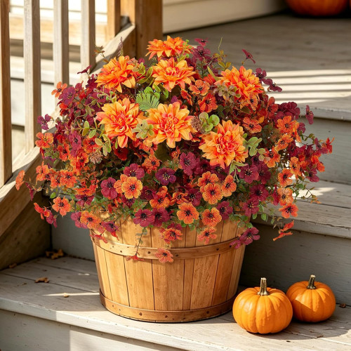 Hrobek Artificial Mums for Outdoors Planter Silk Fake Flower for Fall Decor | 12 Bunches,Orange Brown,UV Resistant,Look Real,Faux Dahlia Plants Outside for Front Door Porch,Patio,Yard,Home Decoration Hrobek Artificial Mums for Outdoors Planter Silk Fake Flower for Fall Decor | 12 Bunches,Orange Brown,UV Resistant,Look Real,Faux Dahlia Plants Outside for Front Door Porch,Patio,Yard,Home Decoration